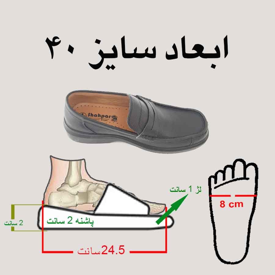 ابعاد و سایز 40 کفش مردانه چرم مدل همراه بدون بند کد M7865