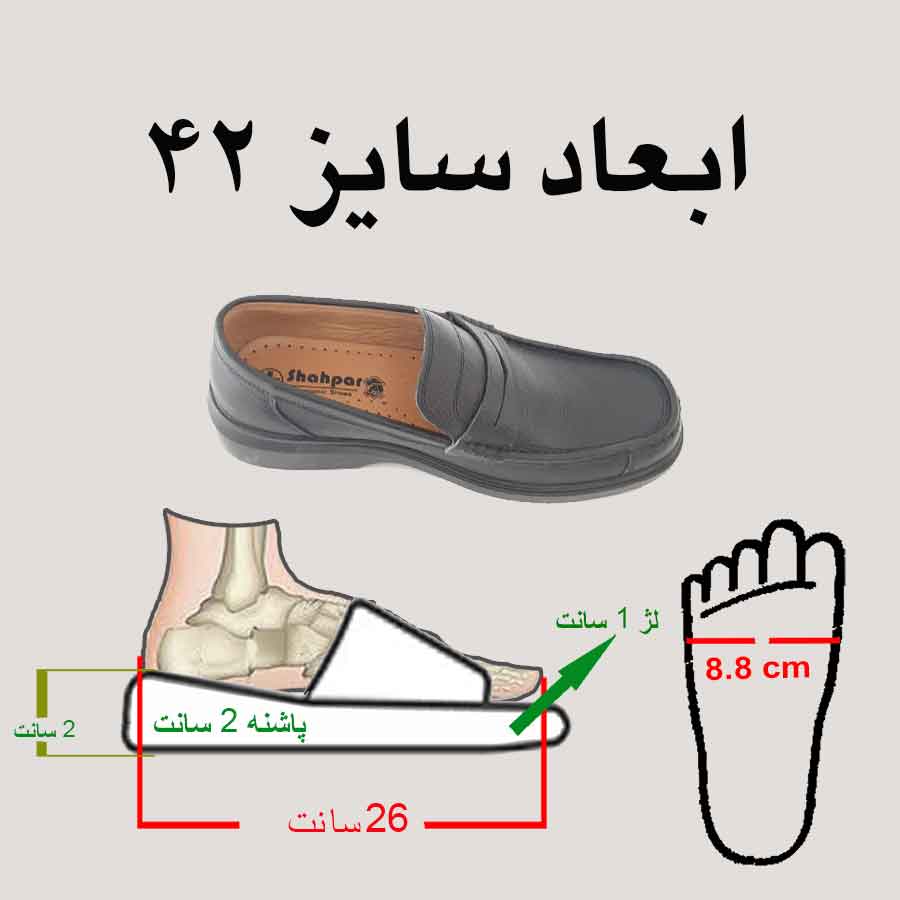 ابعاد و سایز 42 کفش مردانه چرم مدل همراه بدون بند کد M7865
